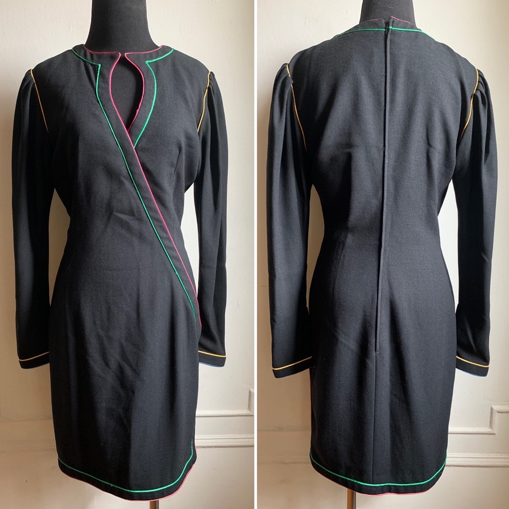 Vintage Emanuel Ungaro Color Trim Black Mini Dress - Size S